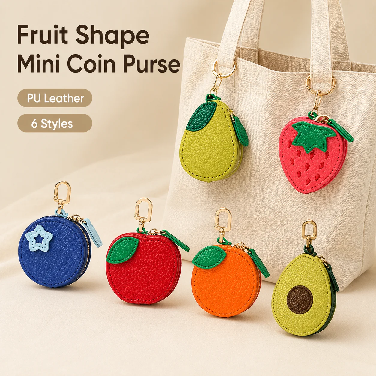 Mini PU Fruit Coin Purse Keychain Cute Strawberry Avocado Bl