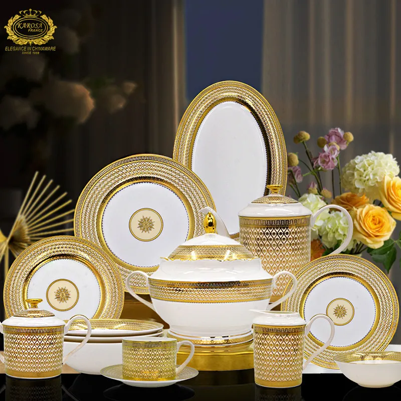 YFY Bone China Dinnerware Set - Luxury Housewarming Gift, Premium European Style Ceramic with Gold Embossed Design 4