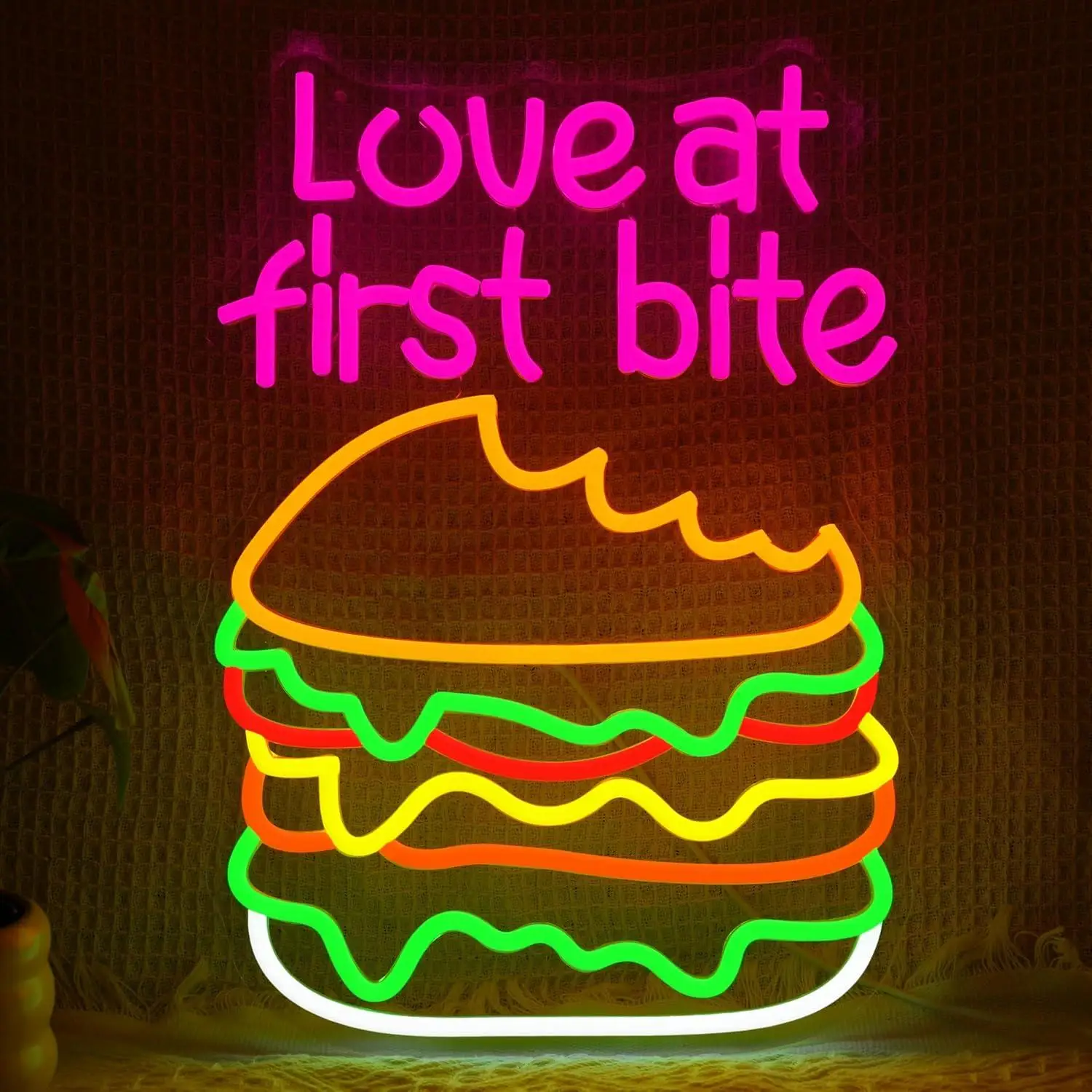 

Love at First Bite Neon Sign Hamburger USB Dimmable LED Light for Restaurant Shop Living Room Fast Food Themed Wall Art Decor