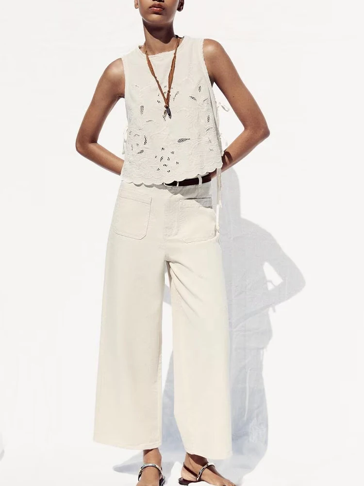 

European and American style summer new women's clothing versatile bow-decorated embroidered round neck sleeveless top