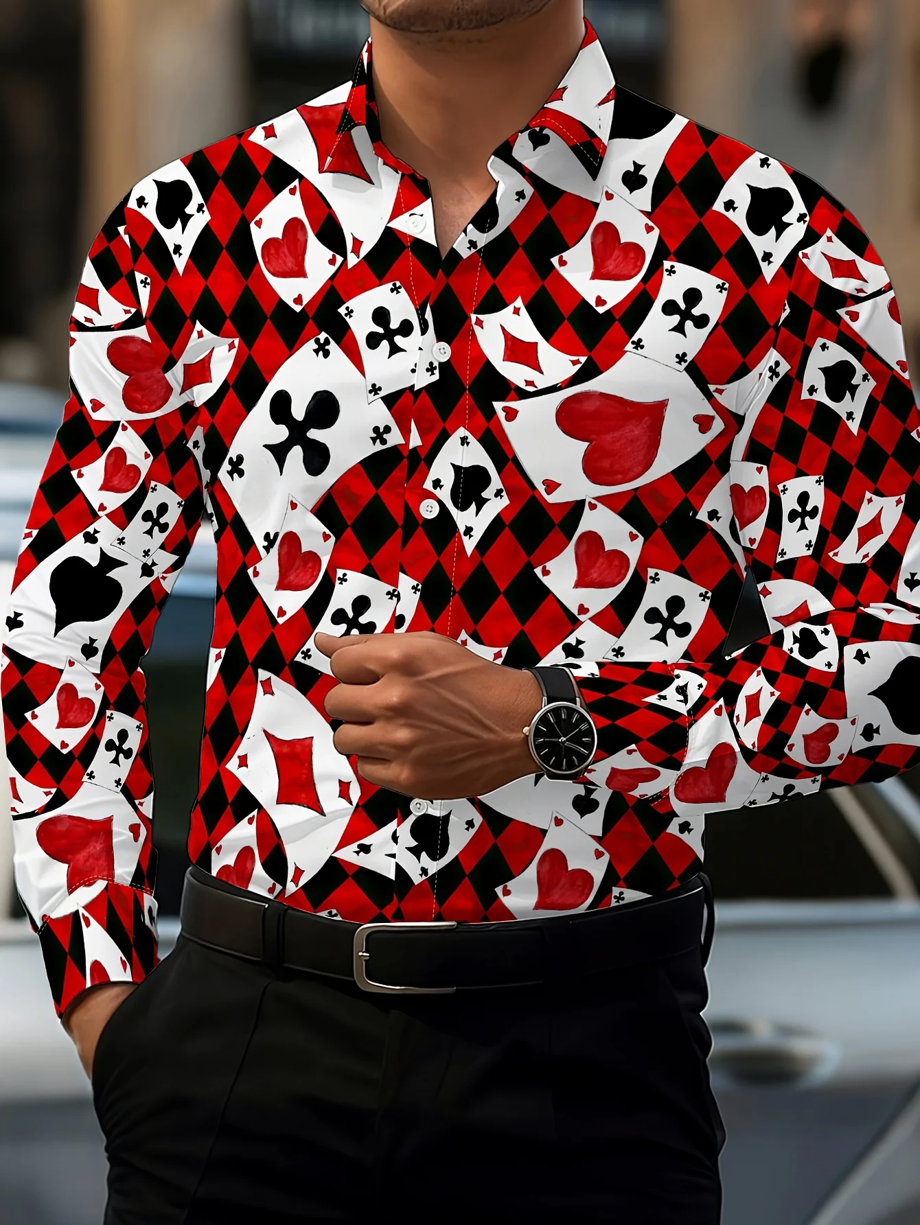 Men Poker Card Diamond Check Print Long Sleeve Shirt Turn‑Down Collar Button‑Up Polyester Party Blouse