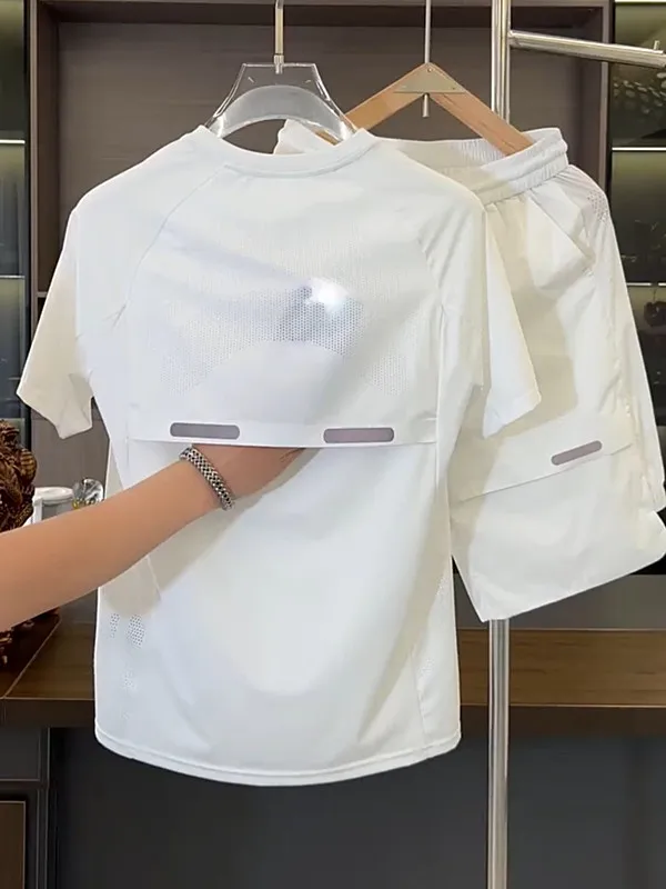 

Men's Summer Fashion Quick Dry Casual Sports Suit Ice Silk Versatile Short Sleeve Shorts Two Piece Set Polyester Fiber Straig...
