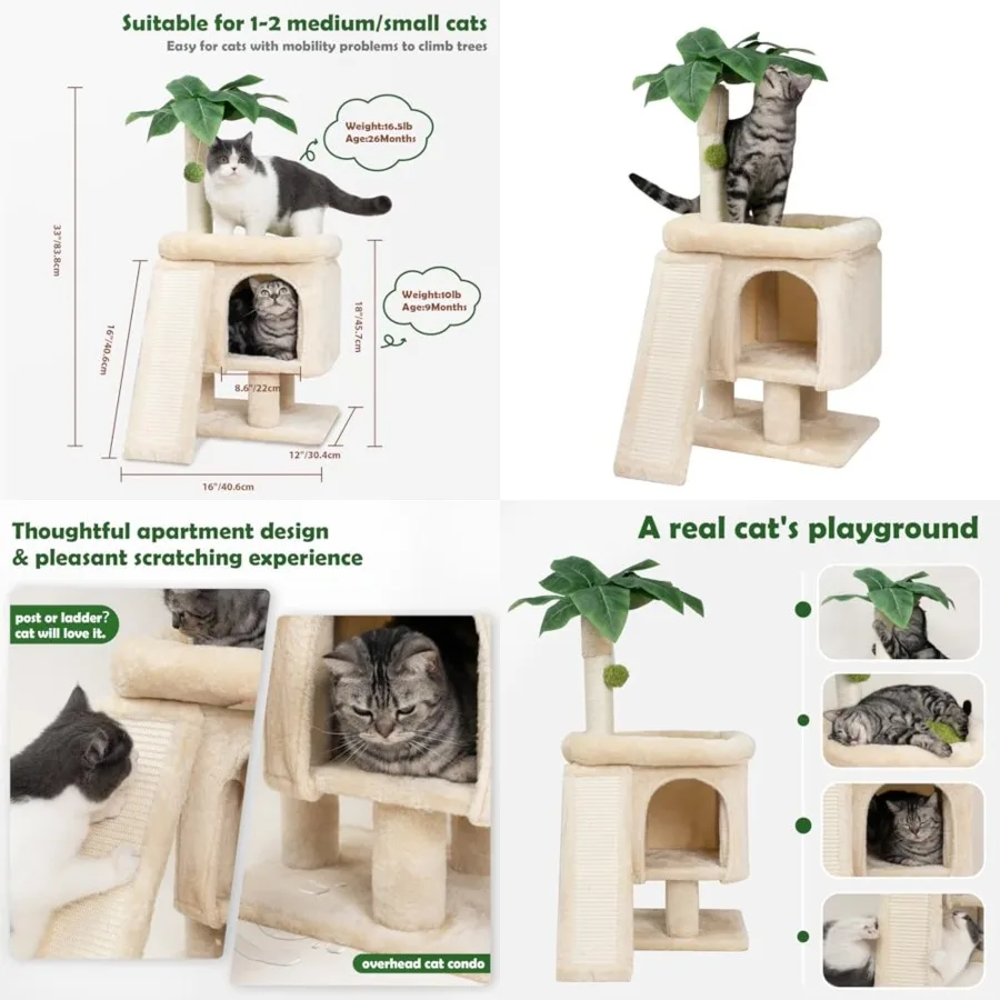 

Palm Cat Tree Tower for Indoor Cats with Cozy Cat Condo, '' Natural Sisal Scratchg Posts and Plush Pom-pom for Small Kitty