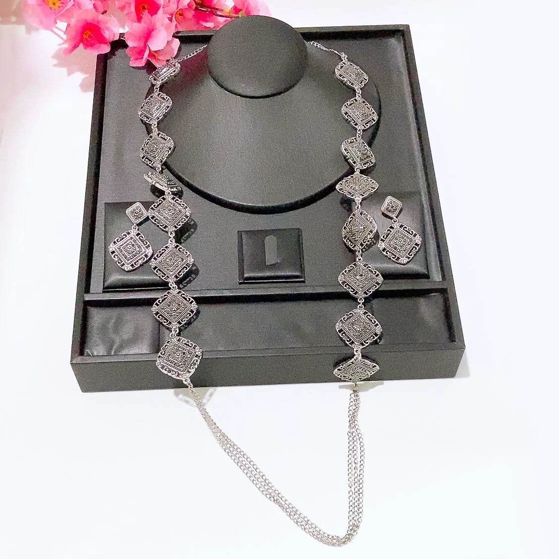 New Silver Plated Geometric Square Cubic Zirconia Long Necklace Earring Set Women Dubai African Wedding Banquet Costume Jewelry