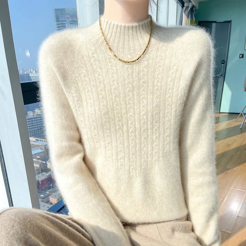 

Женский вязаный свитер из чистой шерсти, утолщенная кашемировая базовая рубашка с капюшоном и полувысоким воротником, осень-зима, Новое поступление