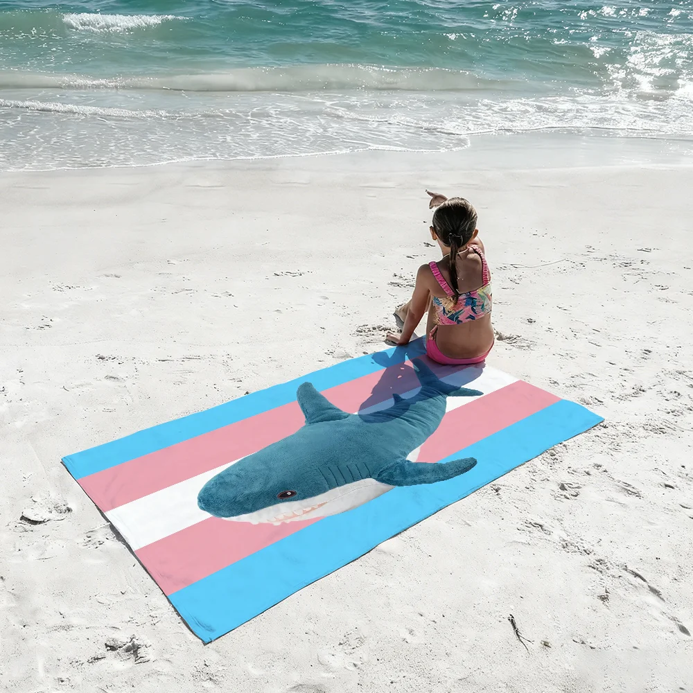 Cartoon Trans Blahaj Shark Towel Quick Dry Absorbent Beach Towel for Sports, Fitness, Swimming and Outdoor Activities