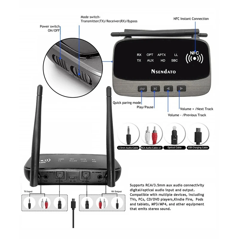 オーディオ送信機と受信機,Bluetooth BNVN-NFC,aptx ll,HDワイヤレスアダプター,spdif,aux,5.0mm,pc,tv,ペア,ヘッドフォン2個,80m,3.5