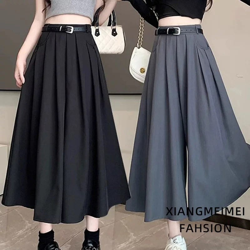 Women High Waist Wide Leg Culottes Pants Black Pleated A-line with Belt Pockets Cropped Office Work Casual Suit Trousers