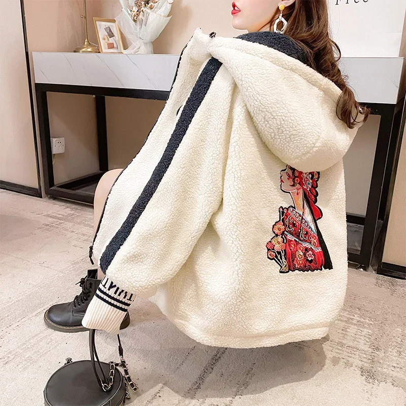 Women 2024 New Autumn Winter Fashion Embroidery Hooded Jacket Lamb Plush Coat Outerwear Ladies Plus Velvet Thick Warm Overcoat