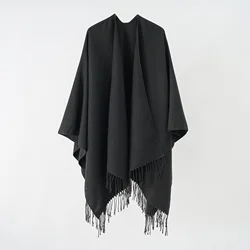 Pure color imitation cashmere fringed big split shawl Europe and the United States foreign trade boom warm monochrome cape plain