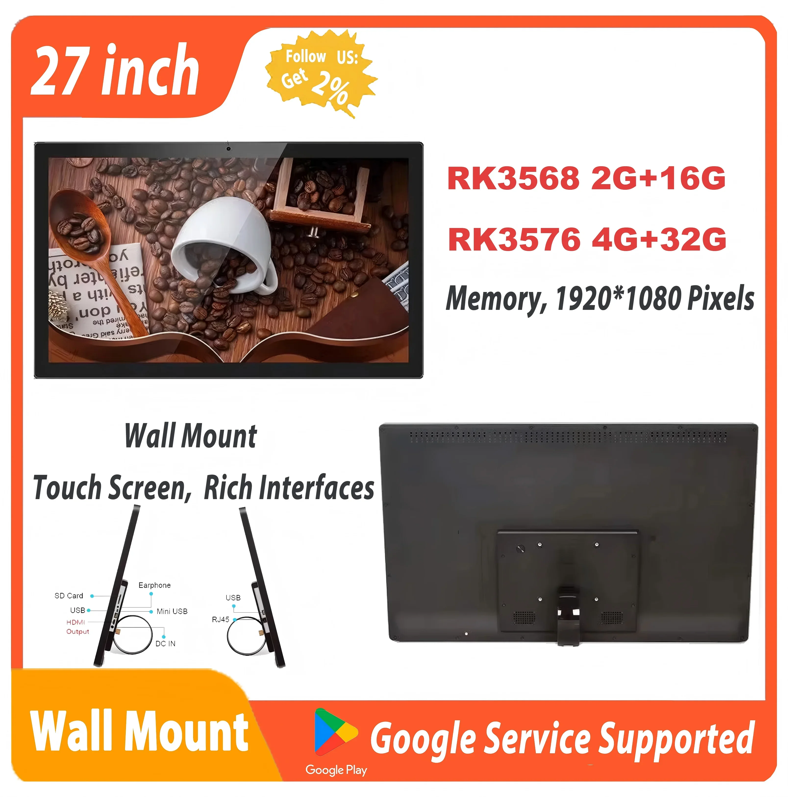 

Настенный 27-дюймовый планшет с большим сенсорным экраном, Android-дисплей, умный домашний ТВ-контроллер, рекламный монитор HDMI VESA