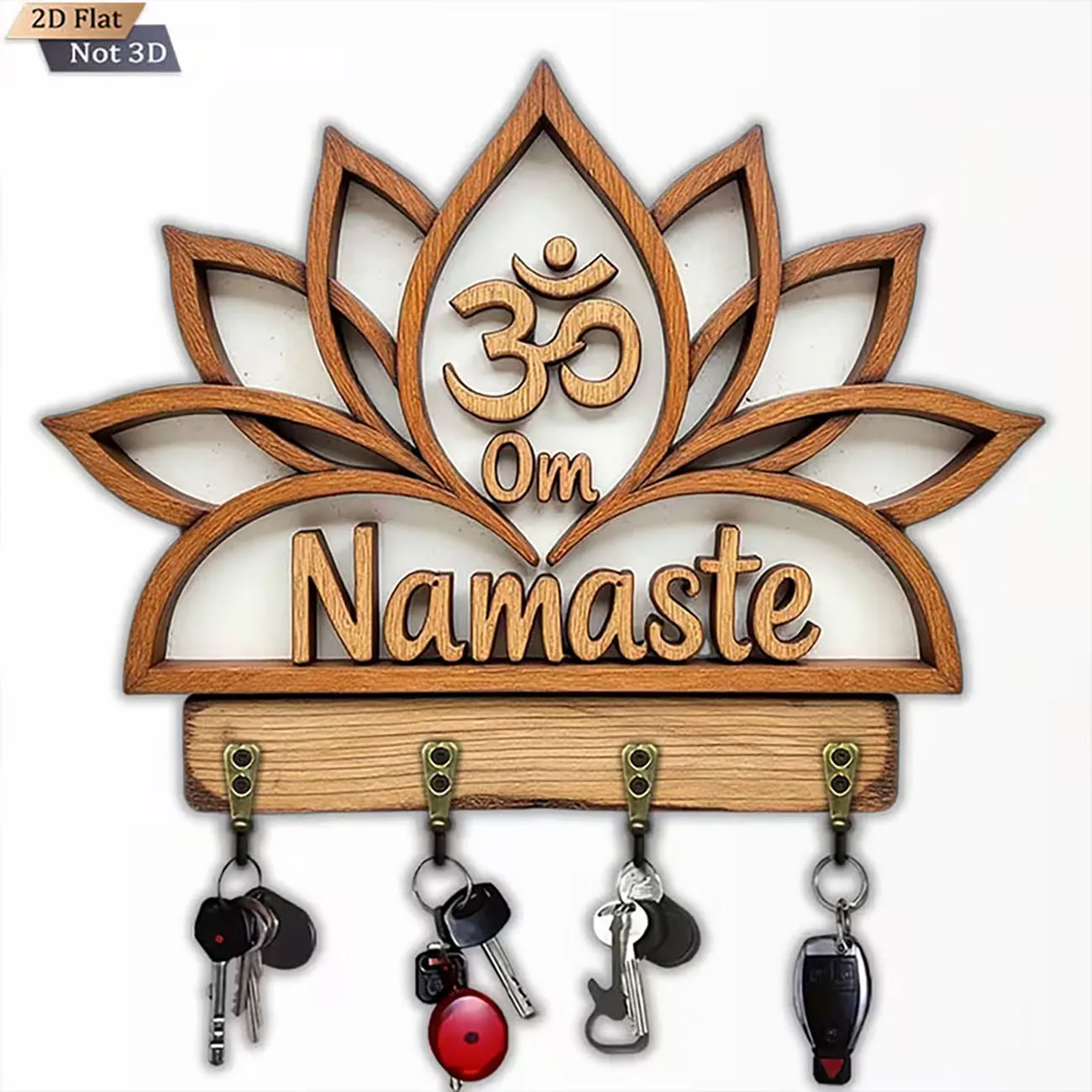 Wooden Om Namaste Lotus Key Holder Wall Decor 2D Flat Print Wall Mount Key Rack for Entryway Home Decoration