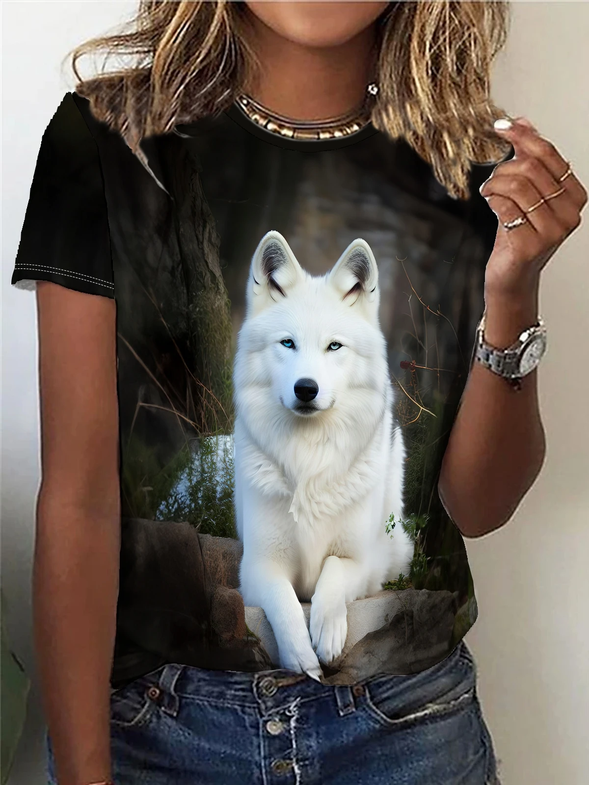 White Wolf Print T-shirt, Casual Crew Neck Short Sleeve Top For Spring & Summer, Women's Clothing