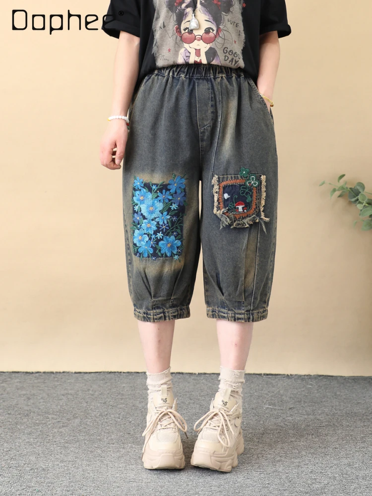 

Retro Orchid Embroidered Denim Cropped Pants Women's Loose Mushroom Embroidered Patch Bloomers Medium Pants Thin jeans