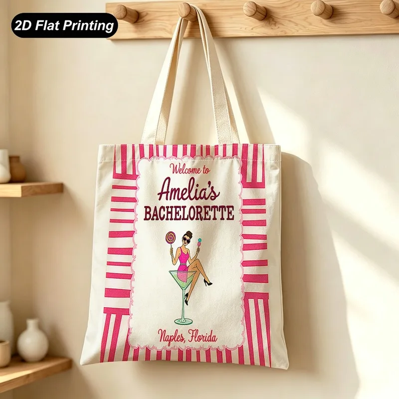 1PC【Tote Bag】New large-capacity tote bag，Printed Design - Not Textured，Pink striped bachelorette party theme，Size15.7in*13.8in，S