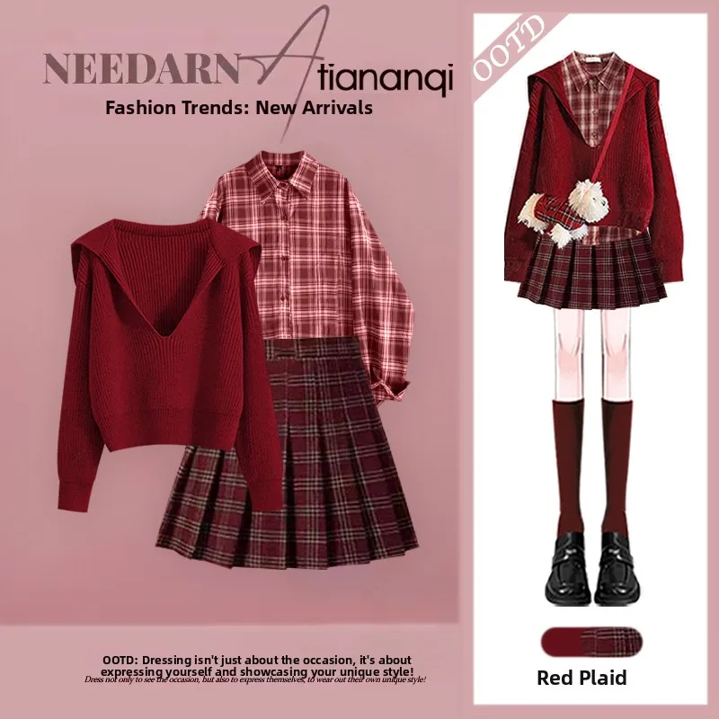 

Зимний антивозрастной вязаный комплект: свитер и юбка с высокой талией, плиссированная юбка-миди, модный новогодний комплект из двух предметов для женщин