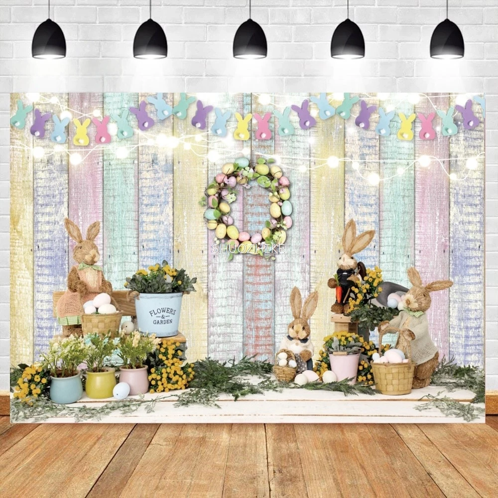 Spring Easter Photography Backdrop Window Sill Cute Rabbit Flower Wreath Baby Shower Birthday Portrait Background