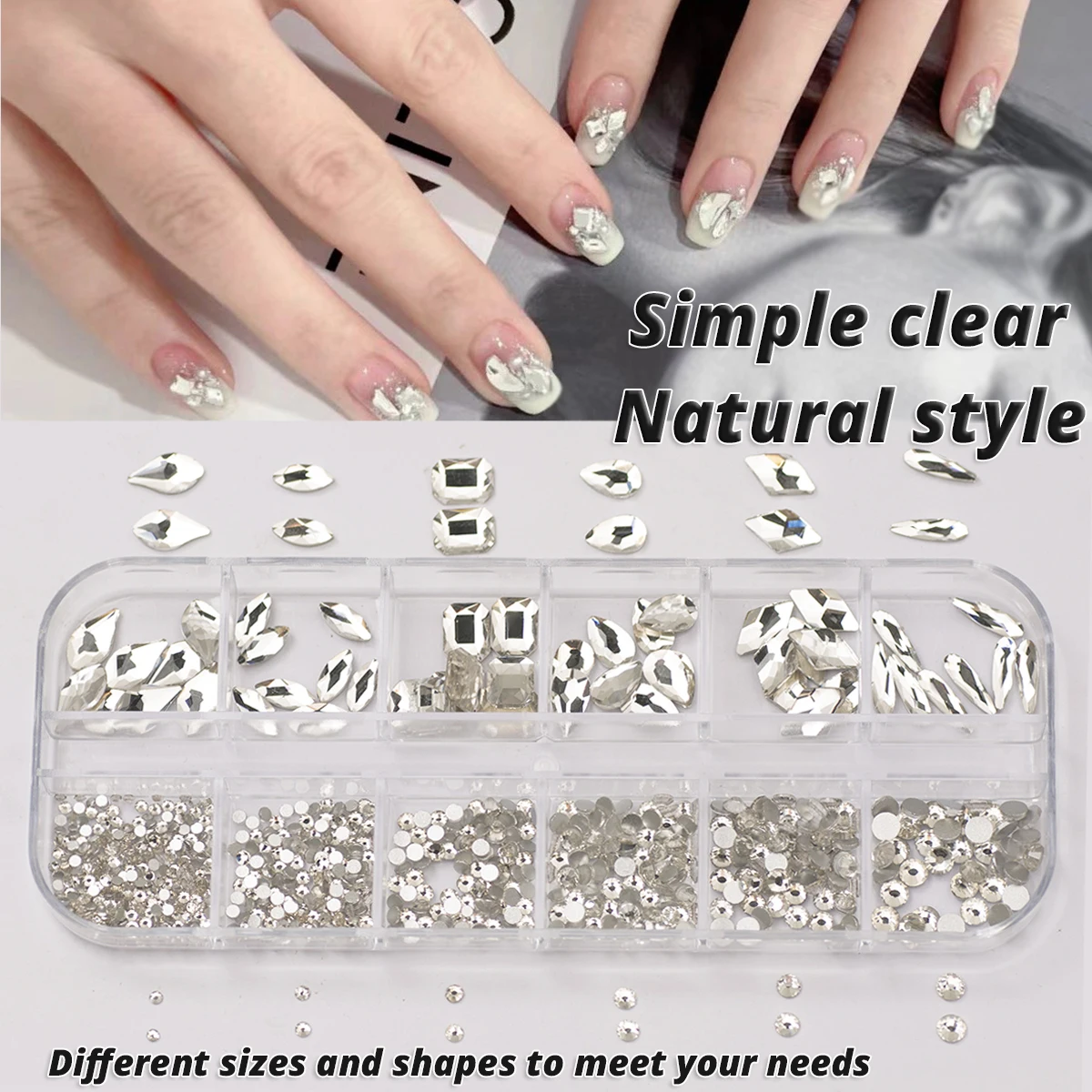 12 griglie Clear Mixed size Nail Art strass Crystal 3D Glitter Non Hotfix Diamond Decoration accessori per unghie