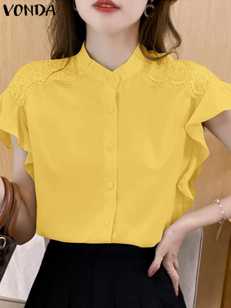 

VONDA Elegant Shirts Women Summer Ruffled Lace Tops 2024 Fashion Short Sleeve Casual Loose Solid Color Tunic Blusas Femininas