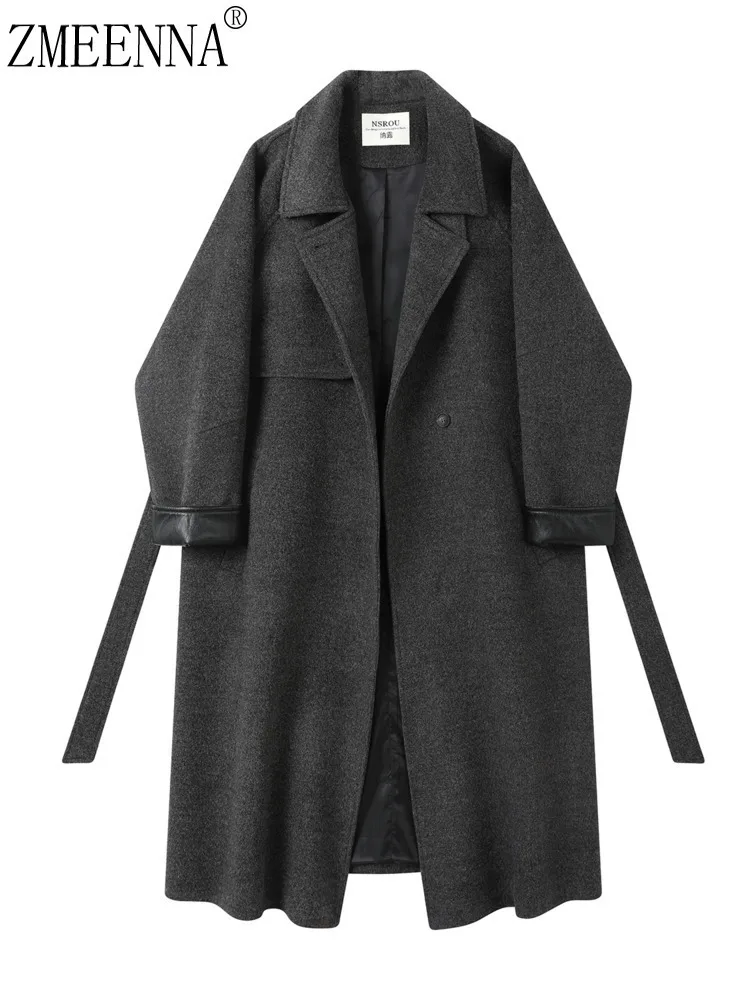 

ZMEENNA Womens Long Wool Blend Coat Belted Single Breasted Trench Jacket Wide Lapel With Black Faux Leather Cuff ZM4274