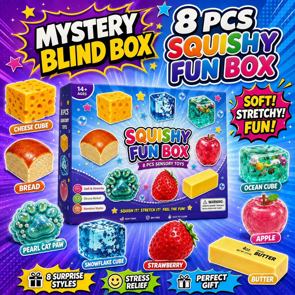 8PCS Squishy Mystery Box Set Realistic Mini Squeeze Toys Slow Rising Sensory Fidget Stress Relief Surprise Holiday Gift Pack