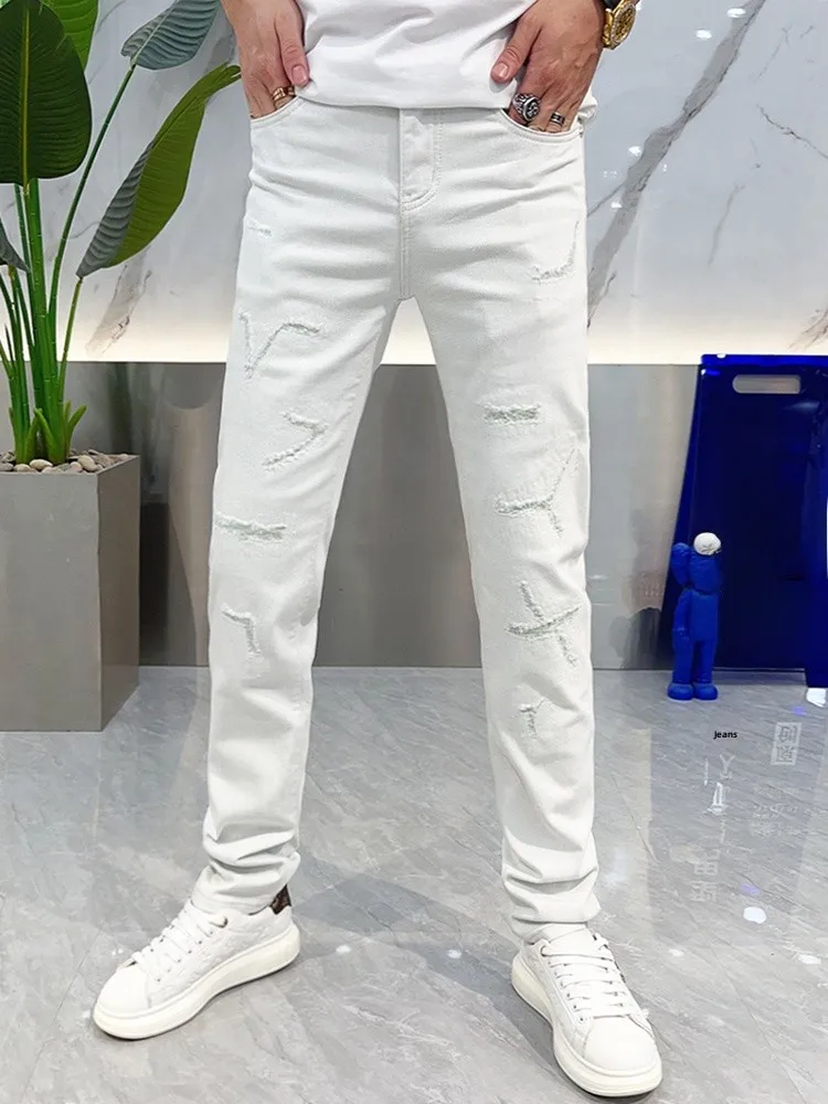 

Men's Faionable Ripped Slim Fit Elastic Thin Denim Jeans Summer Casual Breathable Comfortable Straight Leg Long Trousers