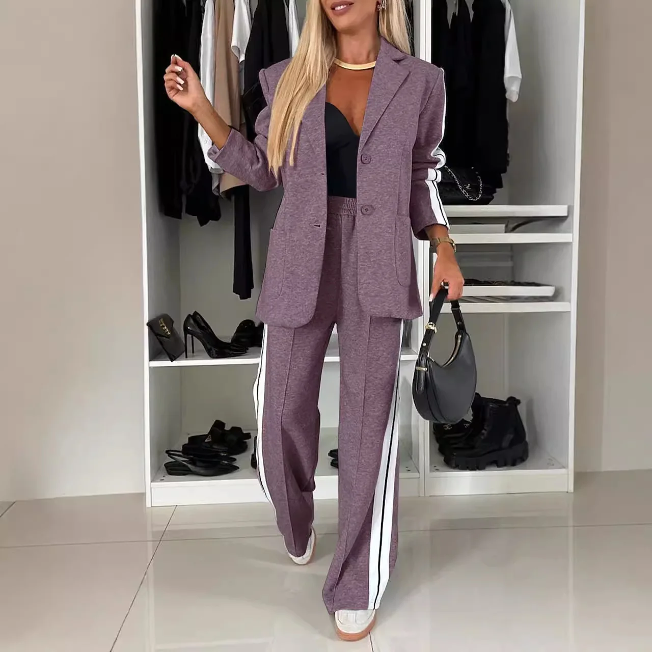 European American New Autumn and Winter Women's Side Stripe Lapel Elegant Casual Western-style Pant Suits Blazer Clothesse Set