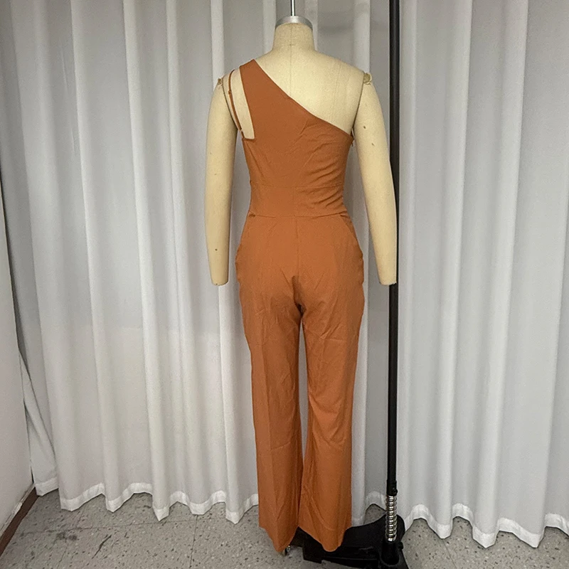 Wefads Jumpsuit Women Casual Simple One Shoulder Hollow Out Sleeveless Solid Nipped Waist Loose Pantse Romper Streetwear