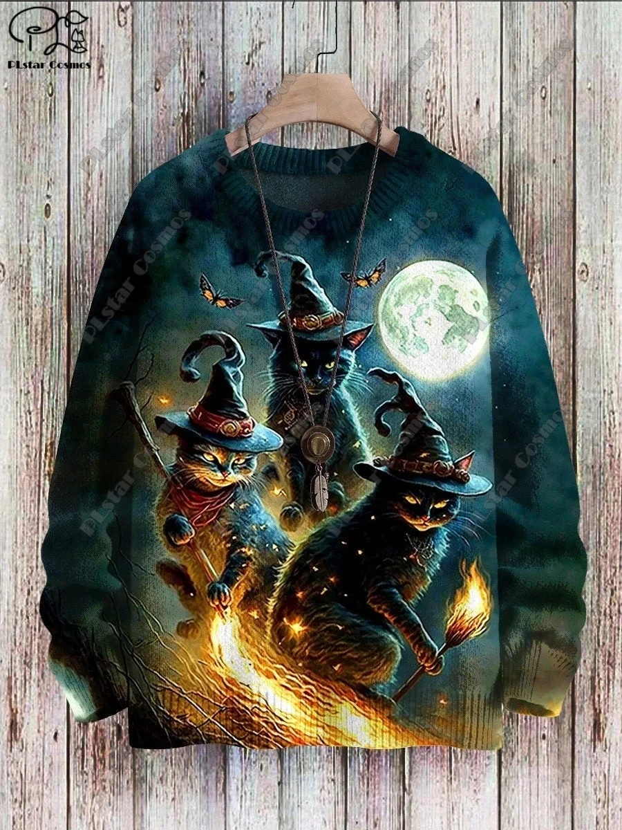 

3D Printing Halloween Collection Witch Skull Cat Raven Pumpkin Ugly Sweater Casual Unisex Winter Sweatshirt W-3