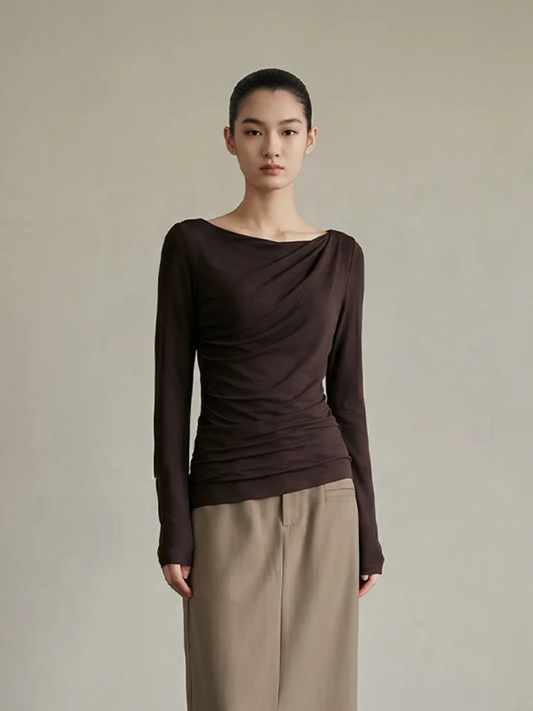 Draped Neck Asymmetric Long-sleeve Knit Top Women Autumn Lyocell Cashmere Blend Slim Fit Base Layer Top