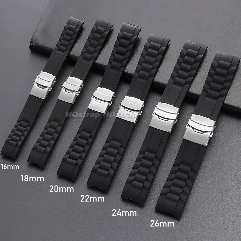 سيليكون حزام 16 مللي متر 18 مللي متر 20 مللي متر 22 مللي متر 24 مللي متر 26 مللي متر منحني نهاية المطاط حزام الساعات للطي مشبك سوار الرياضة معصمه مقاوم للماء #2