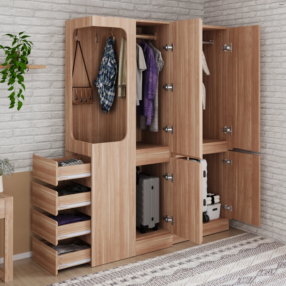 Übergroßer moderner Kleiderschrank – Aufbewahrungsschrank aus Holzfarbe mit Schubladen, Fächern und offenem Stauraum, geräumiger Heim-Organizer