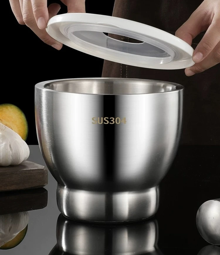 Food Grade 304 Stainless Steel Mortar and Pestle Set, Non-slip Base with Dust Cover, Home Grinding Bowl Easy Clean, Thickened