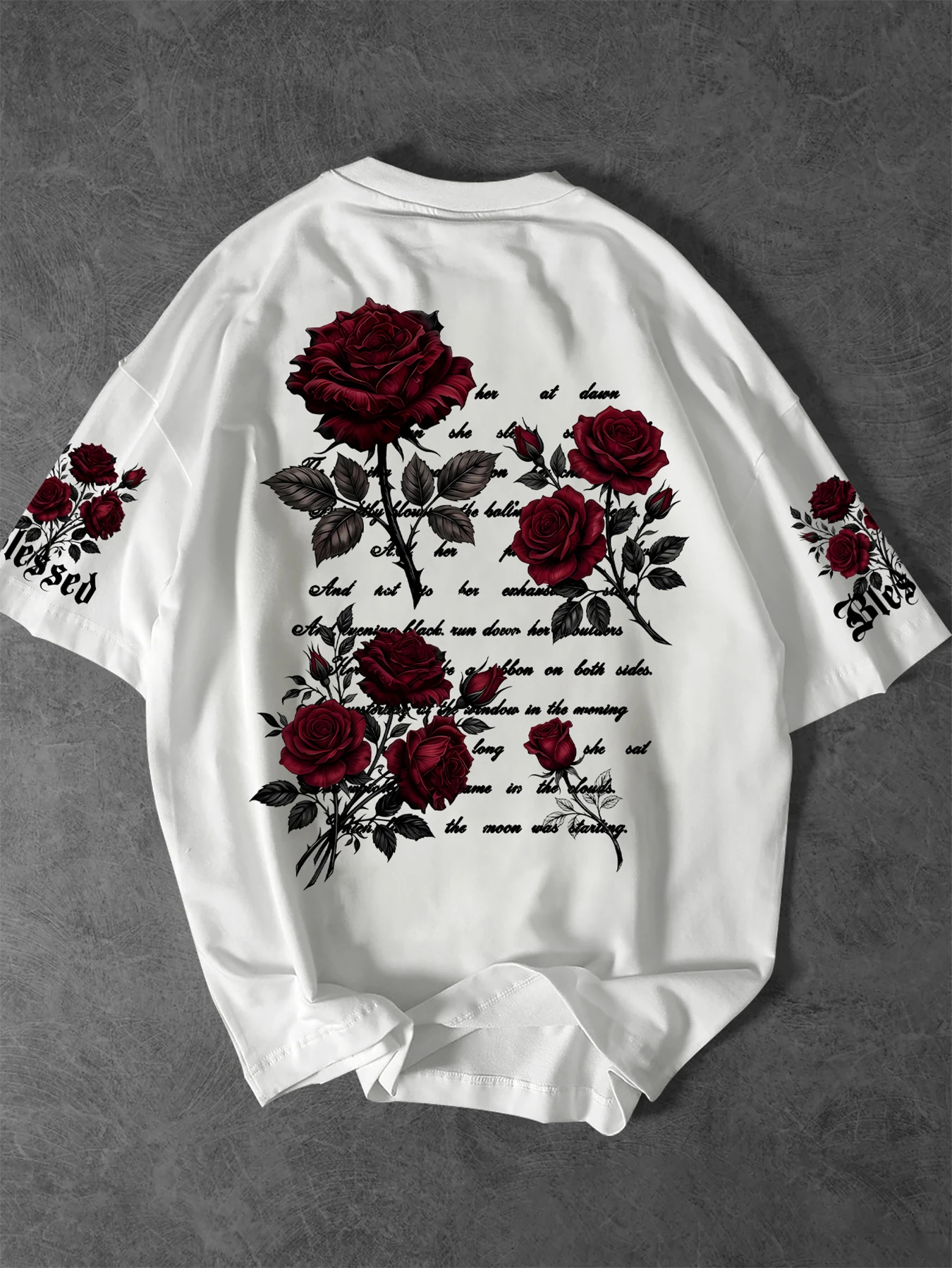 Oversized Drop Shoulder Men T Shirt Red Rose Los Angeles Blessed Letter Print Crew Neck Casual Tee S-XXL