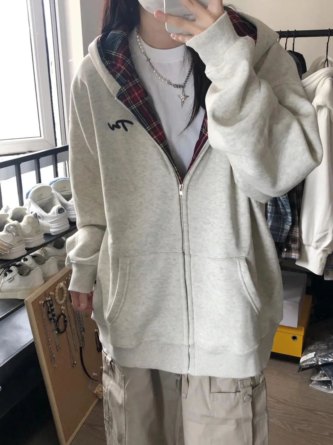 Suda con Capucha de Estilo Retro Americano a Cuadros, Talla ande, con Forro Polar, Cárdigan Abierto, Prenda Exterior Mo...