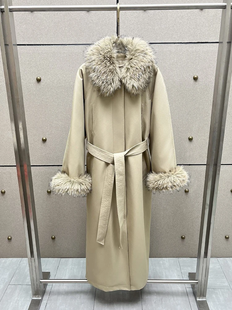 Detachable big hair collar cotton trench coat,2026 winter new style temperament fashion tie up ladies long coat