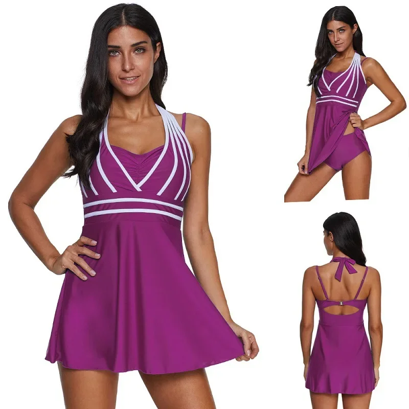 Plus Size Beach Dress 2023 Fashion Style Sexy Solid Color Stripes Multicolor Halter Skirt Type 4XL Swimsuit for Women