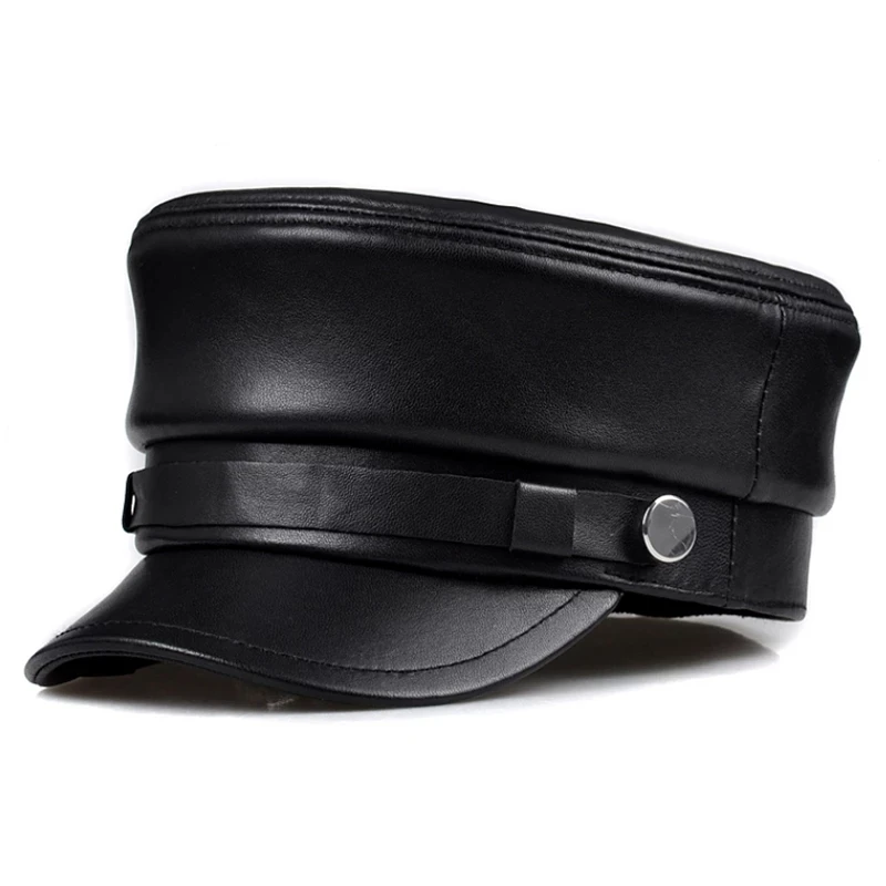 Fashion 2024 Unisex Soft Genuine Leather Hat Women Men Winter Black Patchwork Casual Sailor Cap Student Military Caps