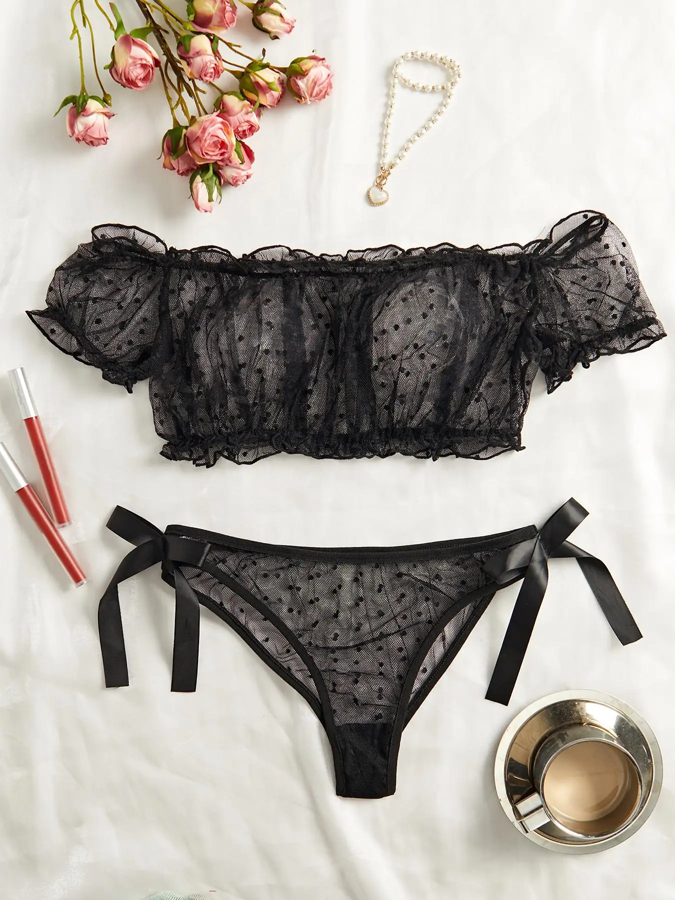 

Mesh Polka Dot Lace Patchwork Single Shoulder Square Neck Short Sleeved Sexy Sleepwear Set for Women's Home Decor