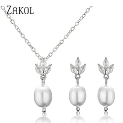 ZAKOL Fashion Leaf Shiny Zircon Pearl Drop Earring Necklaces Jewelry Sets for Women Charming Wedding Jewelry Gift