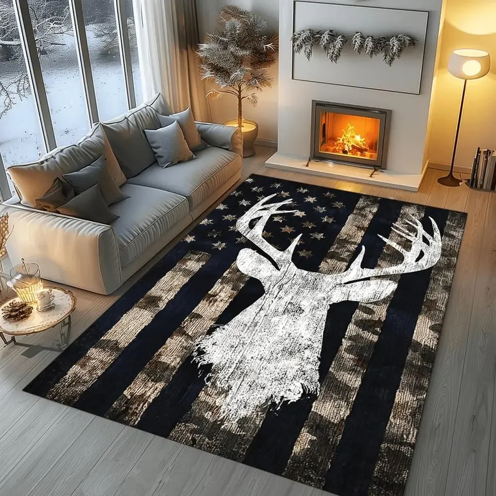 Teppichmatte mit Retro-Hirschmuster – Heimdekorationsteppich im nordischen Stil, geeignet für Wohnzimmer, Schlafzimmer, Tierdruck, Bodenmatte