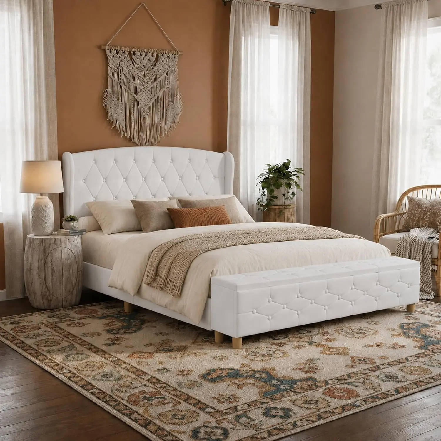 King Bed Frame with Footboard Storage, Upholstered Platform Bed Frame with Button-Tufted Wingback Headboard,Metal, Customized