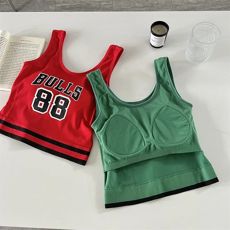 Women Letter Printed Crop Top With Pad Sleeveless Sexy Camisole Solid Basic Tube Top Female Casual Slim Summer Tank Tops