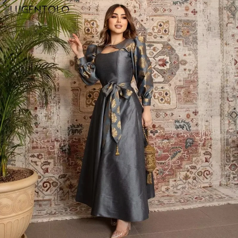 Vestido de satén con estampado dorado para mujer, traje Sexy de manga larga con cordones, estilo Imperio, elegante, temperamento de Oriente Medio