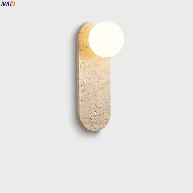

IWHD Vintage Wabi Sabi LED Wall Lights For Home Lighting Living Room Button Switch Yellow Travertine Bedroom Light Wandlampen