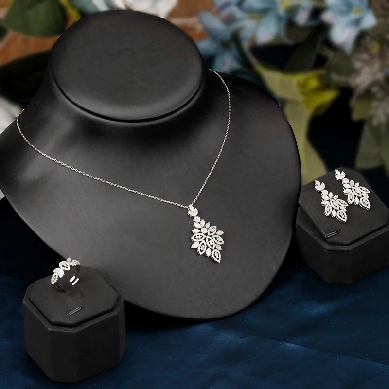 

JEWEL стильный комплект ювелирных изделий из 3 предметов, ожерелье, серьги, кольцо с кубическим цирконием, романтические и блестящие свадебные украшения, подарок