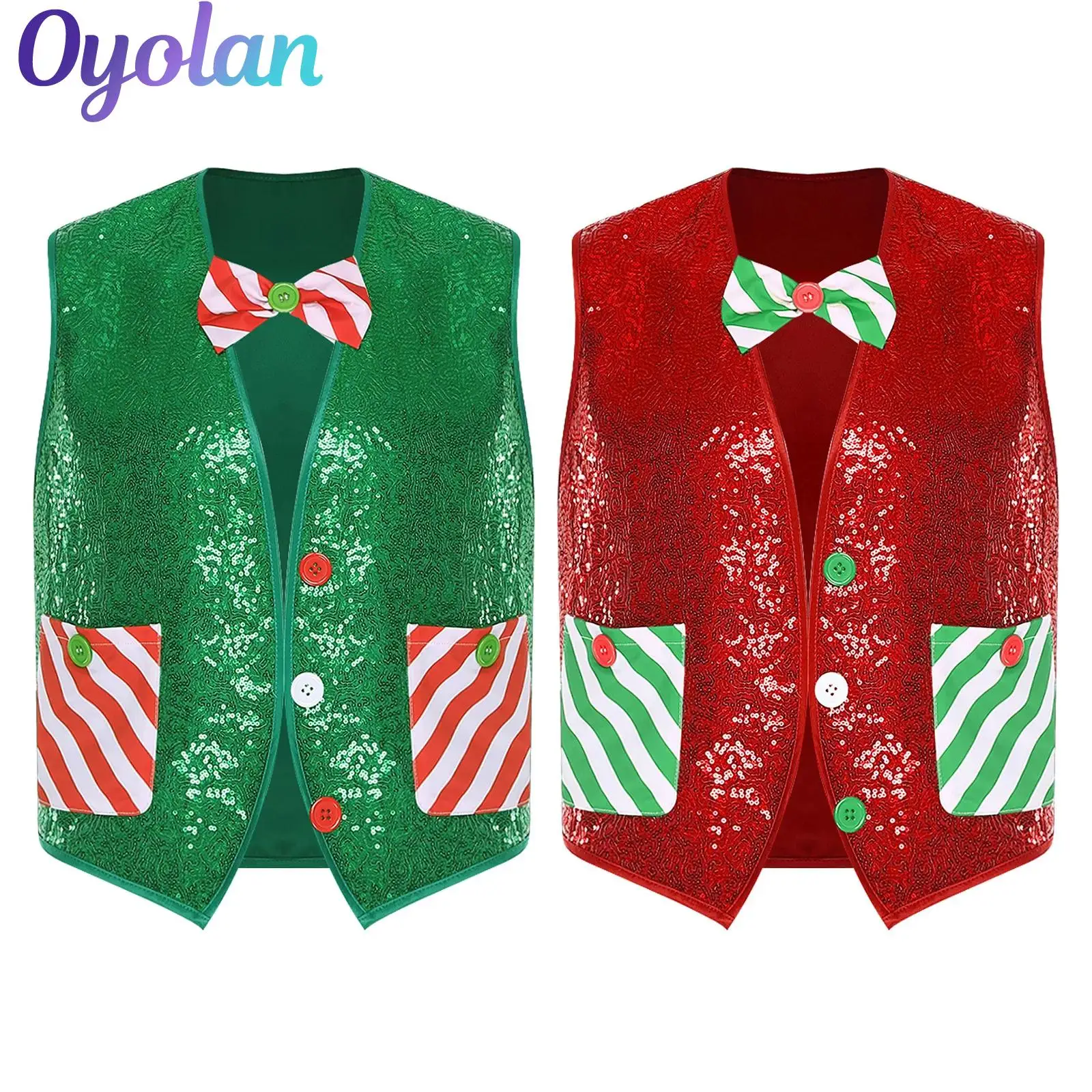 

Mens Sequins Santa Waistcoat with Bowties Christmas Xmas Elf Vest Cosplay Theme Party Costume Asymmetrical Hem Striped Pockets
