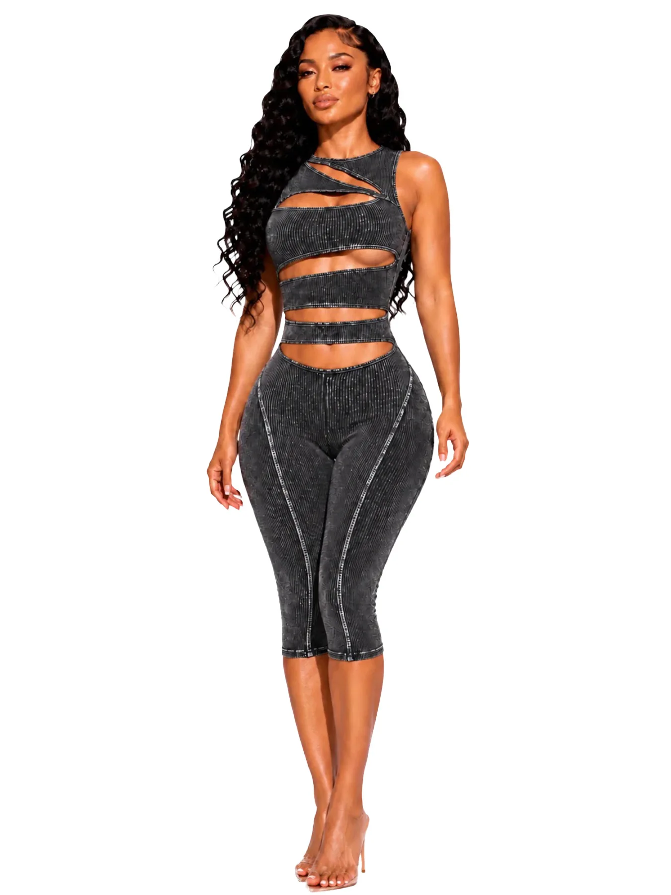 HR26083  Fashion Ribber Knitted Capri Jumpsuits Woman Sexy Hollow Out O-neck Sleeveless Zipper Skinny Playsuits Hottie Streetwea