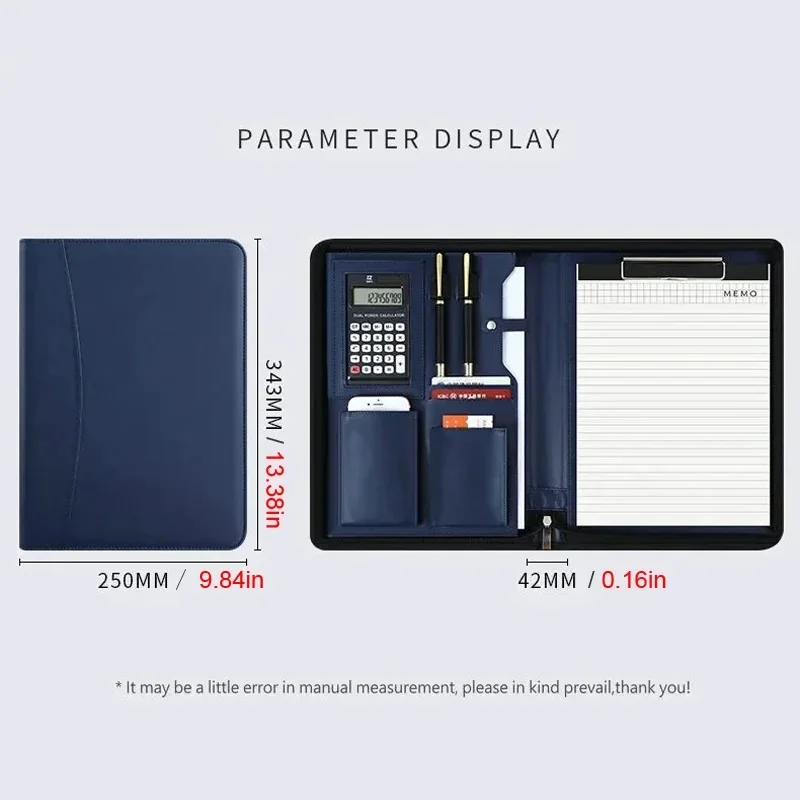 A4 Conference Padfolio Portfolio Folder Leather Contract File Folders for document Man Executive Briefcase Zippered Calculator