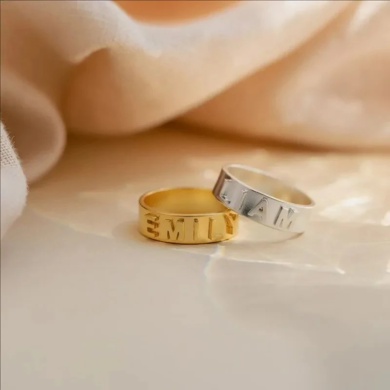 Personalized Name Ring for Men Women Initial Custom Couple Rings Premium Stainless Steel Jewelry Chunky Gold Wedding Ring Dating - view 5